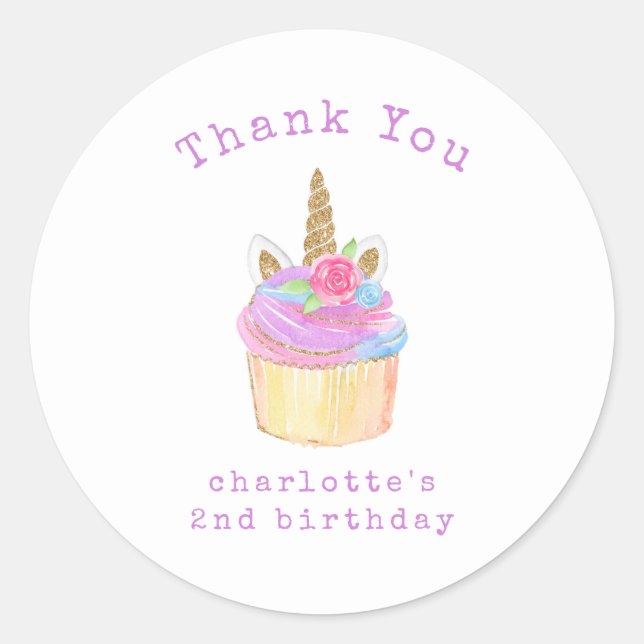 Sticker Rond Cupcake Unicorn fille Anniversaire Merci (Devant)