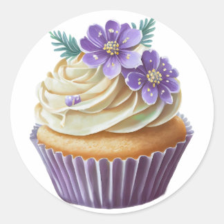 Sticker Rond cupcake violet avec fleurs anniversaire