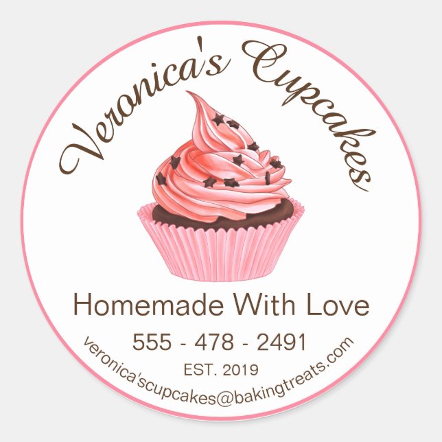 Sticker Rond Cupcakes Maison Avec Amour Avec Coordonnées (Devant)