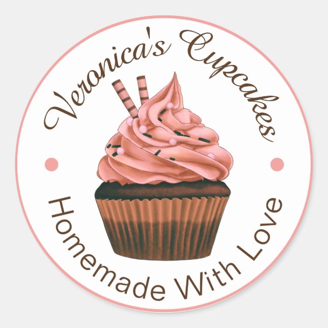 Sticker Rond Cupcakes Maison Avec Amour Saumon Et Brown (Devant)
