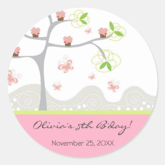 Sticker Rond Cupcakes Whimsical Tree Butterflies Sweet Birthday