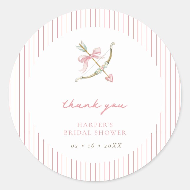 Sticker Rond Cupid Arrow & Stripes Bridal Shower Thank You (Devant)