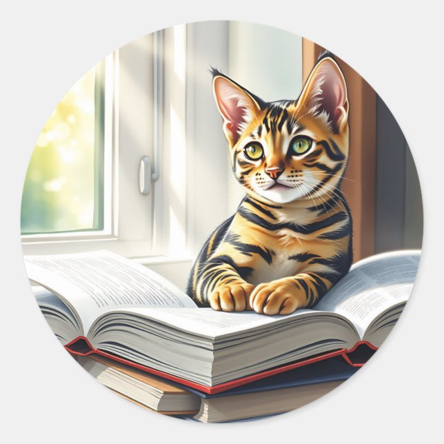 Sticker Rond Curieux Chat et livres (Devant)