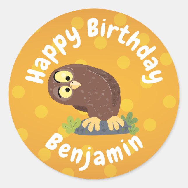 Sticker Rond Curieux et drôle dessin animé de chouette brune (Devant)