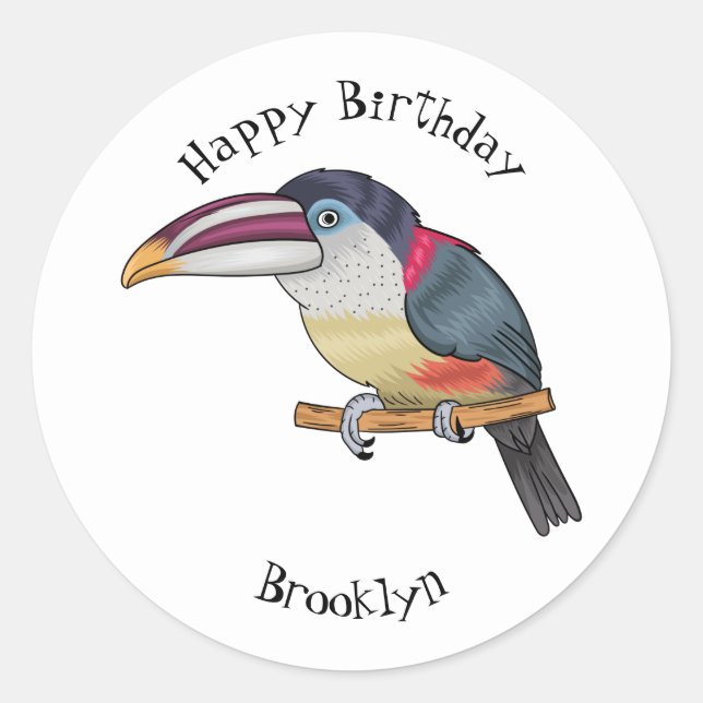 Sticker Rond Curl crested aracari bird cartoon (Devant)