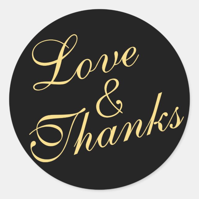 Sticker Rond Cursive Love & Thanks Mariage Gold & Black (Devant)