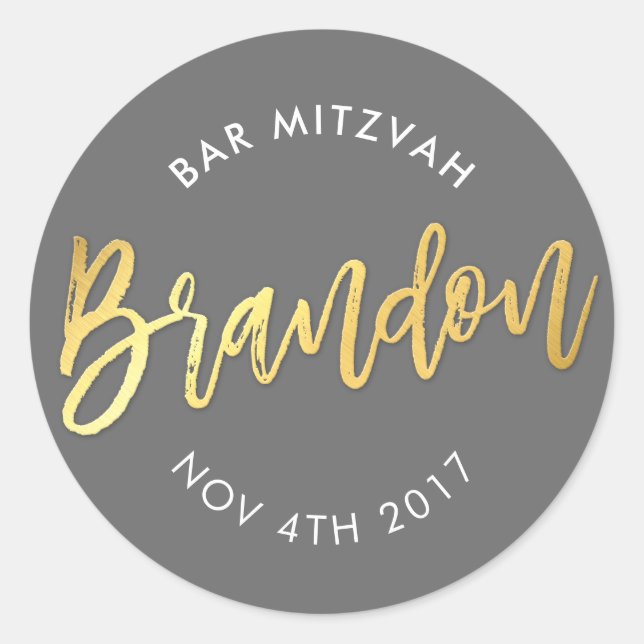 Sticker Rond CUSTOM Bar Mitzvah pour Brandon gris + or (Devant)