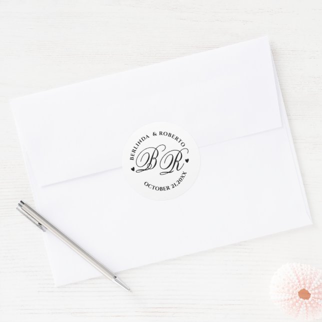 Sticker Rond Custom black and white Monogram Wedding  love (Enveloppe)