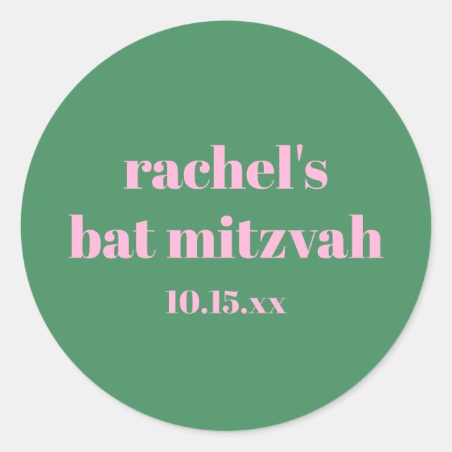 Sticker Rond Custom Bold Pink Green Cute  Modern Bat Mitzvah (Devant)