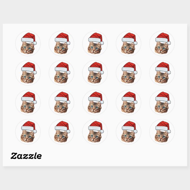 Sticker Rond Custom Cat Face Photo Santa Hat Christmas (Feuille)