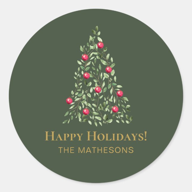 Sticker Rond Custom Christmas Tree vert rouge élégante famille (Devant)