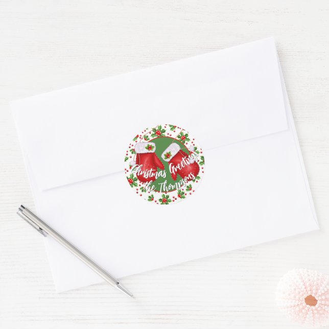 Sticker Rond Custom Classic Holiday Green Holly Red Berries (Enveloppe)