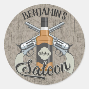 Sticker Rond Custom Cowboy Revolver Gun Whiskey Saloon
