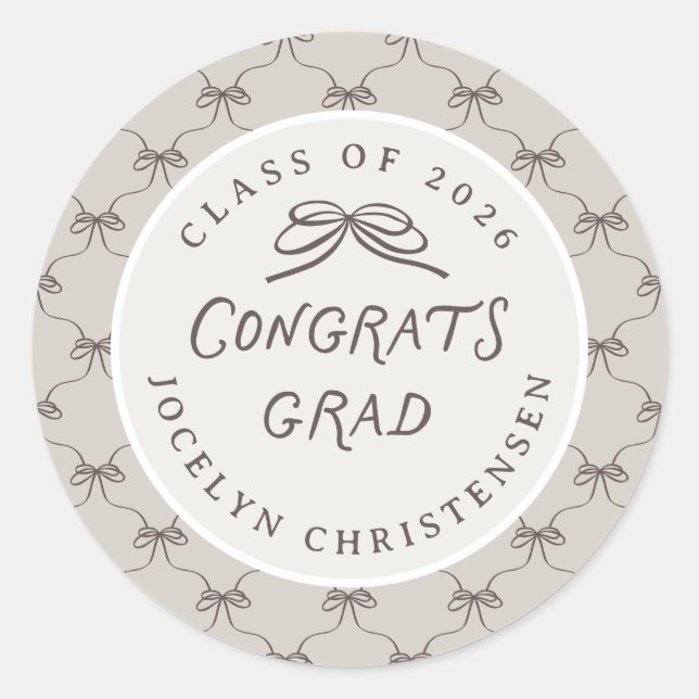 Sticker Rond Custom Cream Taupe Coquette Bow Congrats Grad (Devant)
