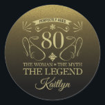 Sticker Rond Custom Cute Happy 80th Birthday<br><div class="desc">Fournitures élégantes personnalisables pour les fêtes d'anniversaire pour les femmes,  avec parties scintillant en faux noir et or. Personnalisez-le en ajoutant le nom de la fille d'anniversaire.</div>
