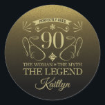 Sticker Rond Custom Cute Happy 90th Birthday<br><div class="desc">Fournitures élégantes personnalisables pour les fêtes d'anniversaire pour les femmes,  avec parties scintillant en faux noir et or. Personnalisez-le en ajoutant le nom de la fille d'anniversaire.</div>