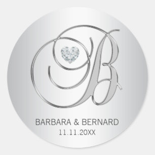 Sticker Rond Custom Elegant Silver Monogrammed Letter B Wedding