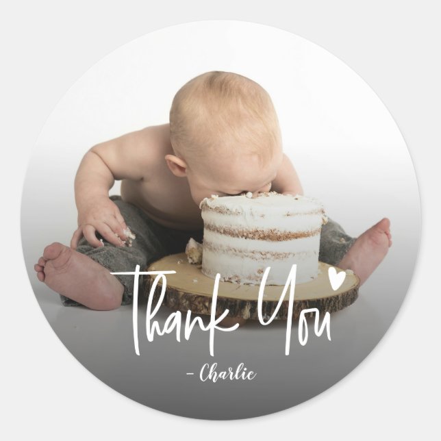 Sticker Rond Custom First Birthday Photo Script Thank You (Devant)