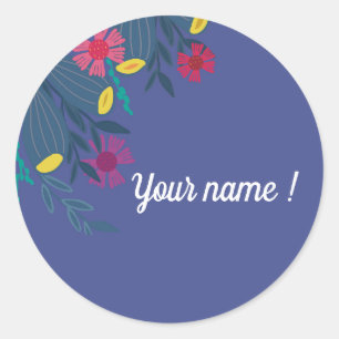 Sticker Rond Custom floral  elegant blue simple name