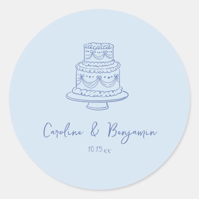 Sticker Rond Custom Handwritten Cool Blue Doodle Wedding Cake (Devant)