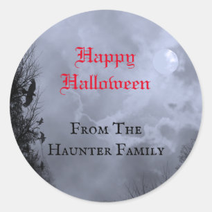 Sticker Rond Custom Happy Halloween Pleine lune rouge et corbea