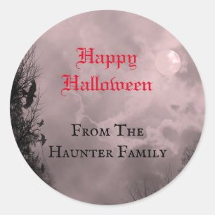 Sticker Rond Custom Happy Halloween Pleine lune rouge et Ravens