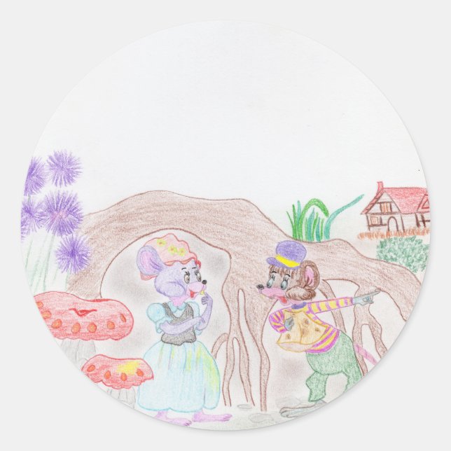 Sticker Rond Custom Kids Artwork, deux mignonnes souris, fleurs (Devant)