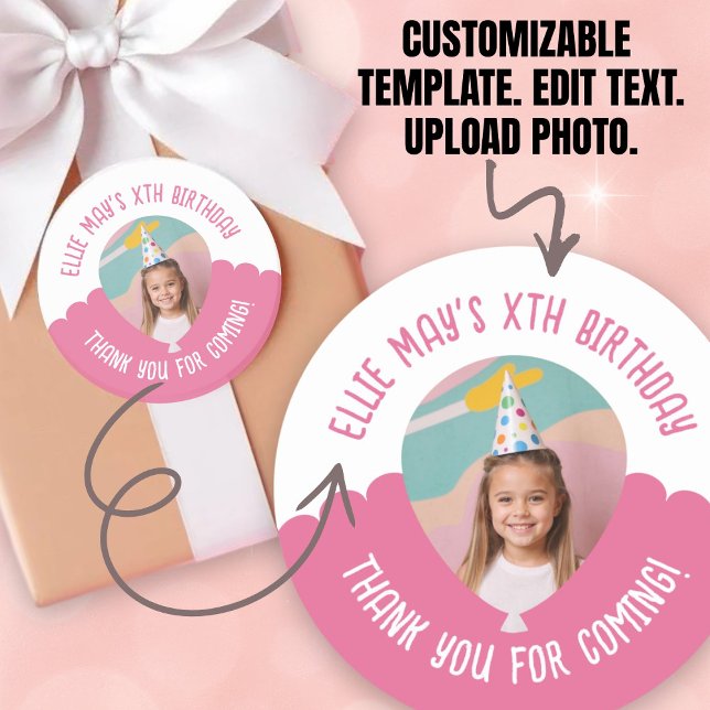 Sticker Rond Custom Photo Any Age Thank You Birthday Balloon (Custom Photo Any Age Thank You Birthday Balloon Classic Round Sticker.)