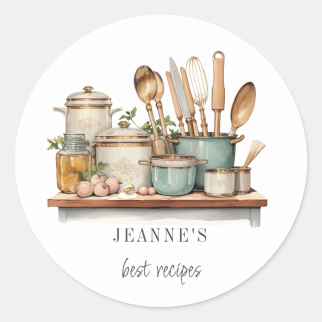 Sticker Rond Custom Recipes Pots Pans Cooking Utensils Labels (Devant)