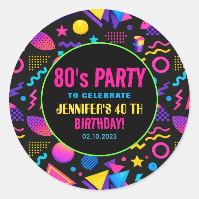 Sticker Rond Custom Retro Neon 80’s Birthday – Fun Adult  (Devant)