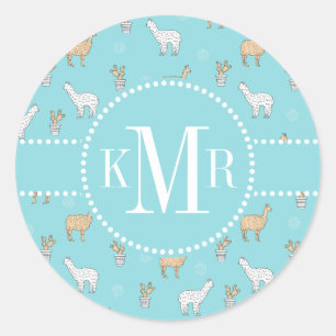 Sticker Rond Cute Alpaca Llama Cactus Motif