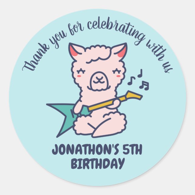 Sticker Rond Cute Alpaca Play Guitar Anniversaire de enfant Par (Devant)