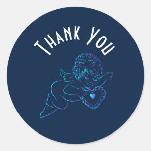 Sticker Rond Cute Angel Cherub tenant un Merci de coeur de dent