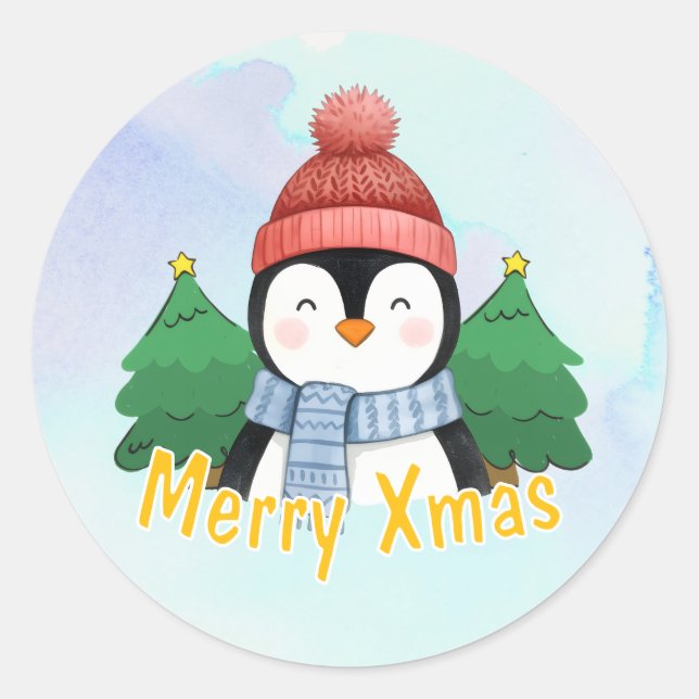 Sticker Rond Cute Animal Penguin Blue Watercolor Merry Xmas (Devant)