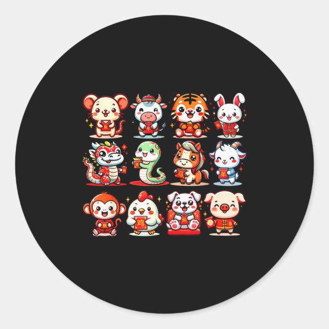 Sticker Rond Cute Animal Twelve Zodiac Signs Celebrate Lunar Ne (Devant)