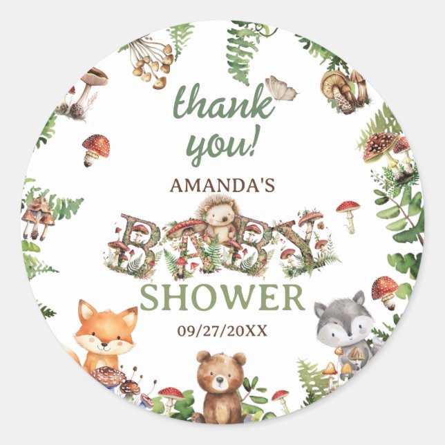 Sticker Rond Cute Animaux Baby shower botanique Merci (Devant)