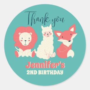 Sticker Rond Cute Animaux Fox Lion Alpaca Anniversaire de enfan
