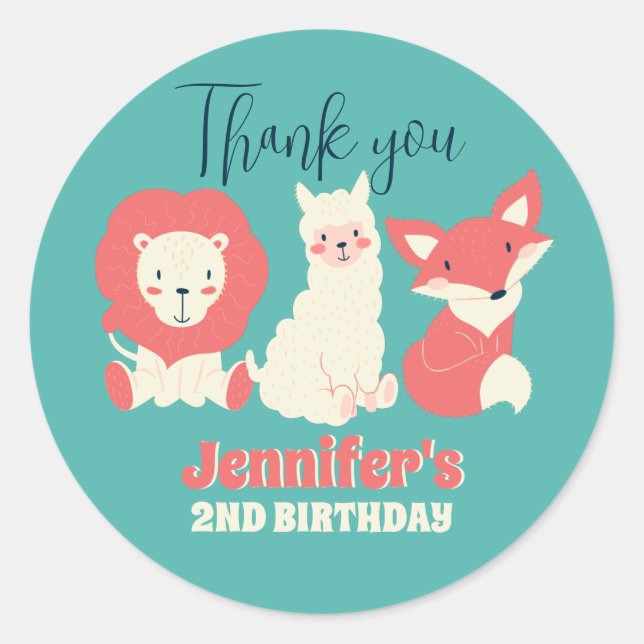 Sticker Rond Cute Animaux Fox Lion Alpaca Anniversaire de enfan (Devant)