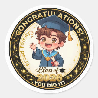 Sticker Rond Cute Anime Boy Graduation Class of 2026 Gold 
