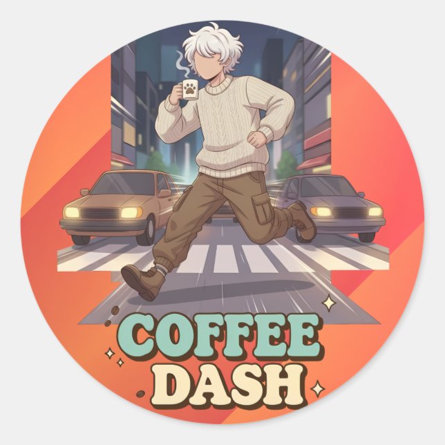 Sticker Rond Cute Anime Boy Running in the City with Coffee (Devant)