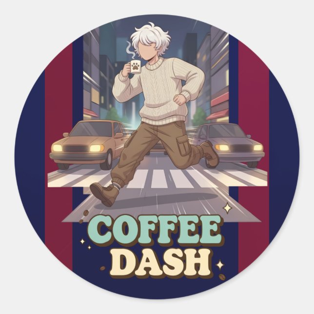 Sticker Rond Cute Anime Boy Running in the City with Coffee (Devant)