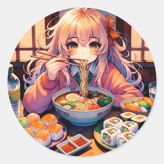 Sticker Rond Cute Anime Girl Manger Ramen et Sushi (Devant)