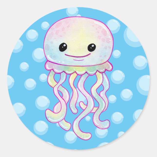 Sticker Rond Cute Aquarelle arc-en-ciel Jellyfish (Devant)