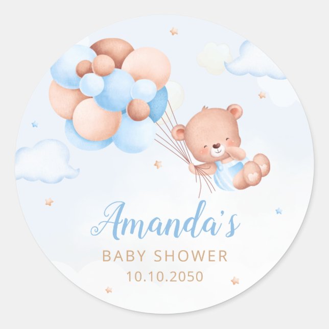 Sticker Rond Cute Aquarelle Boho Teddy Bear baby shower garçon (Devant)
