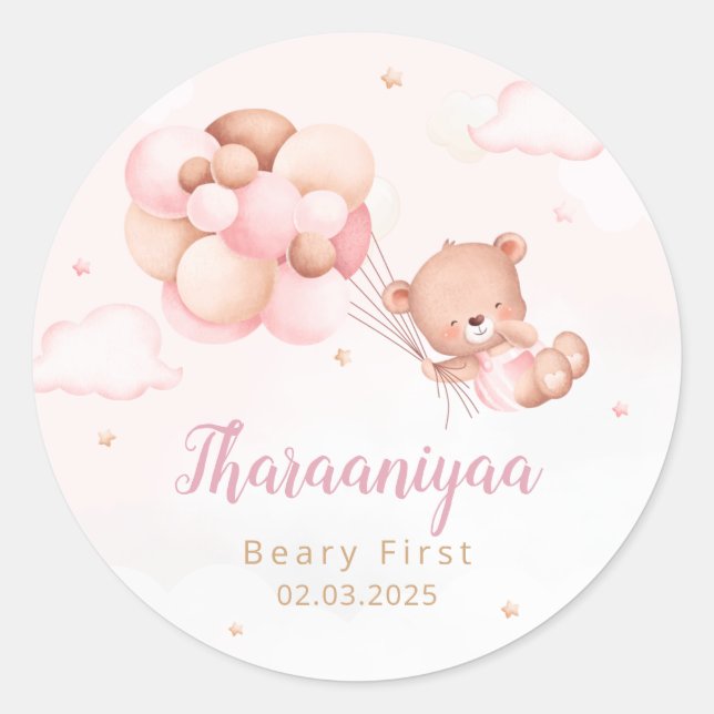 Sticker Rond Cute Aquarelle Boho Teddy Bear Girl baby shower (Devant)