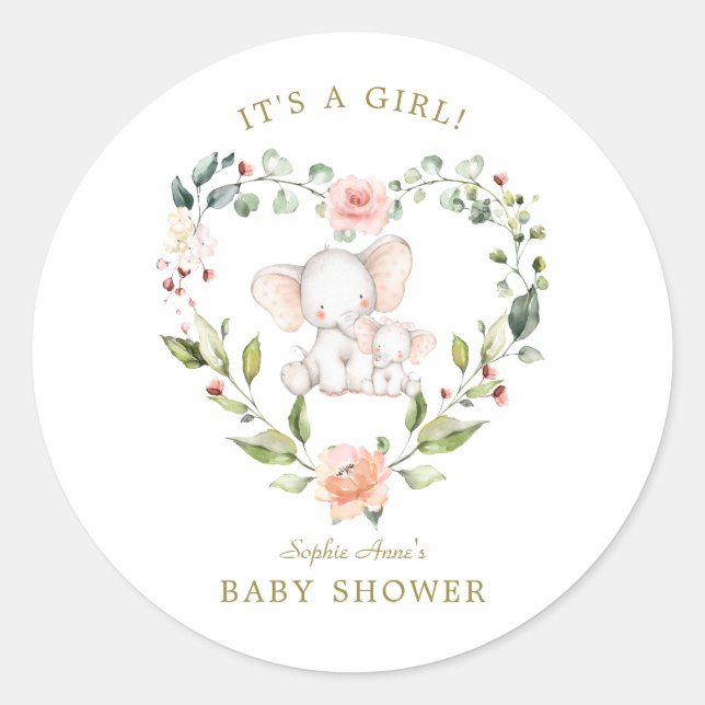 Sticker Rond Cute Aquarelle Elephant Floral Girl Baby shower (Devant)