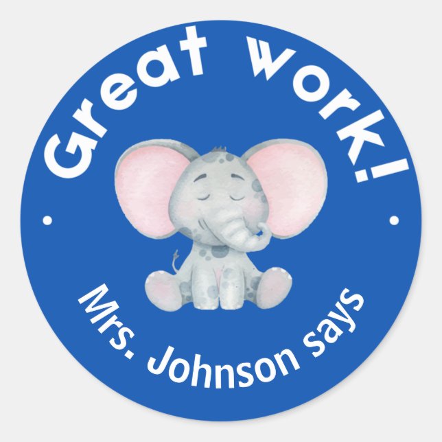 Sticker Rond Cute Aquarelle Elephant Great Work Student Award (Devant)