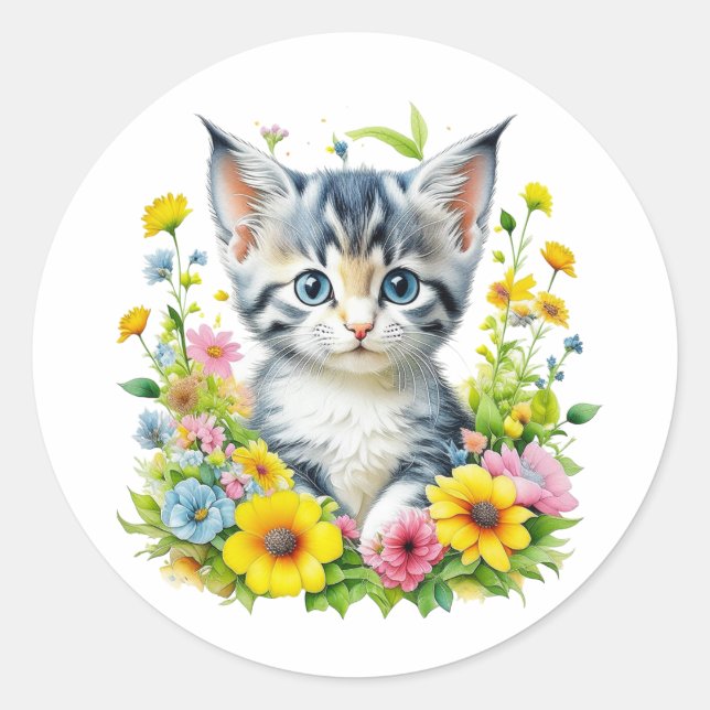 Sticker Rond Cute Aquarelle Kitten en Fleurs (Devant)