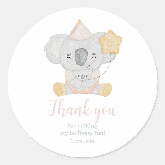 Sticker Rond Cute aquarelle Koala Merci fête d'anniversaire (Devant)