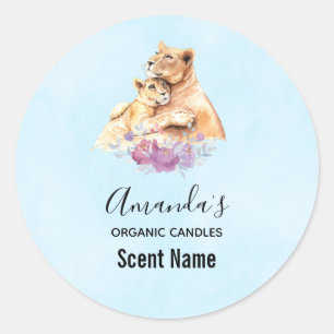 Sticker Rond Cute aquarelle Mère Lion & Bougie Cub